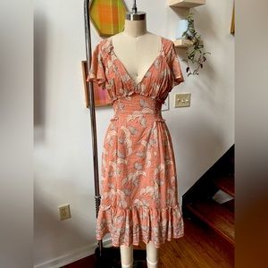 Max Studio Printed Cotton Flounce Sleeve & Hem V-Neck Dress, size Small